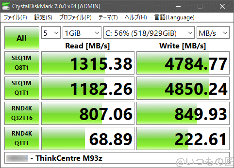 thinkcentre-m93z-crystaldiskmark | ガジェットレビューの匠 リプレイス前:ThinkCentre M93z - CrystalDiskMark