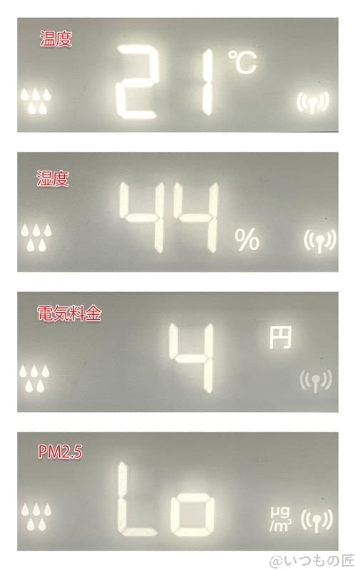 加湿空気清浄機「シャープ KI-LX75」のディスプレイ表示。タッチボタンで簡単に切替ができます。
