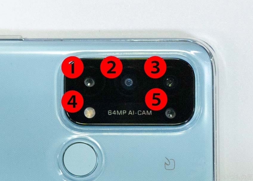 oppo-reno5a-appearance-camera | ガジェットレビューの匠 OPPO Reno5A カメラ位置で左上から1、2、3,下の段は4,5 です。