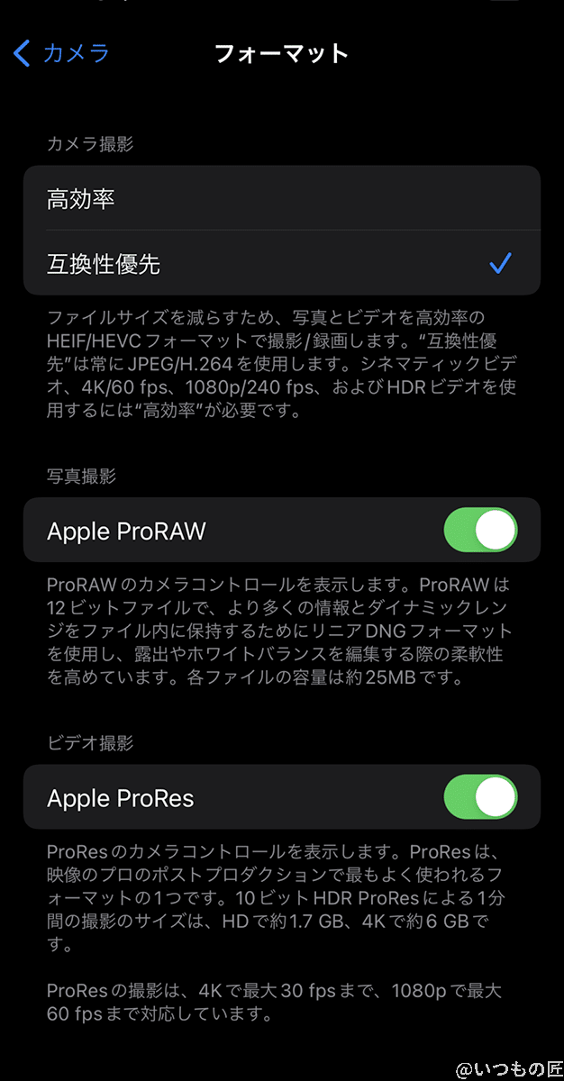 カメラのフォーマット設定画面では、いくつかの形式を選ぶことができます。