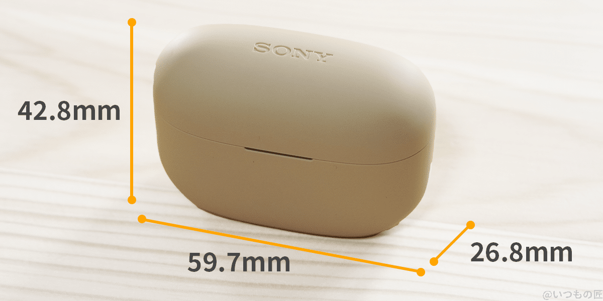 linkbuds-s-size-orange | ガジェットレビューの匠 LinkBuds S ケースサイズは横幅59.7mm、奥行き26.8mm、高さ42.8mmでした。