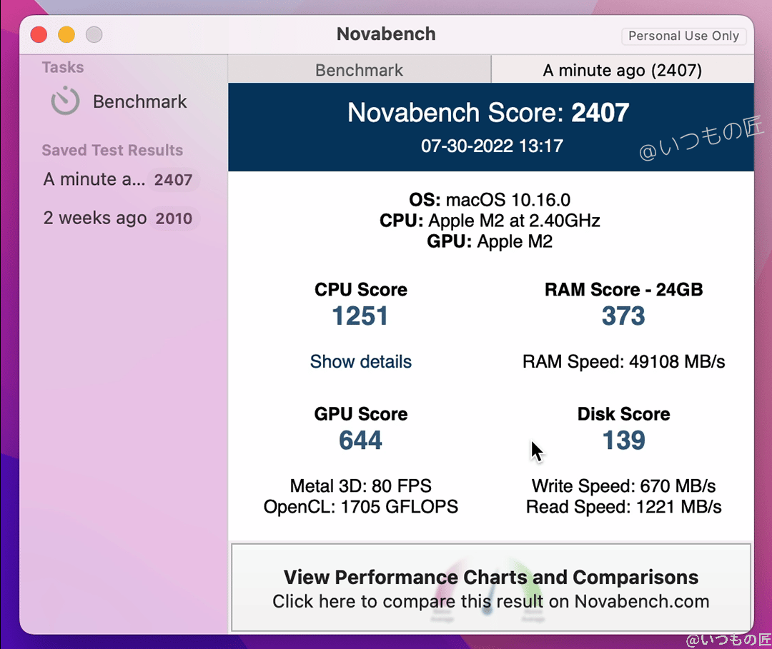 macbook air novabench ベンチマークテスト結果 | ガジェットレビューの匠 MacBook Air M2のNovabench ベンチマークテスト結果はCPU Score:1251、RAM Score: 373、GPU Score: 644、Disk Score: 139でした