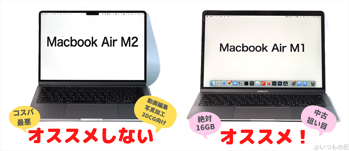 m2_vs_m1_macbook_air_result | ガジェットレビューの匠 M1 MacBook Air (メモリ16B)を選ぶべき。外出先で動画編集や写真加工したいユーザーだけがM2 MacBook Airを購入すべき。