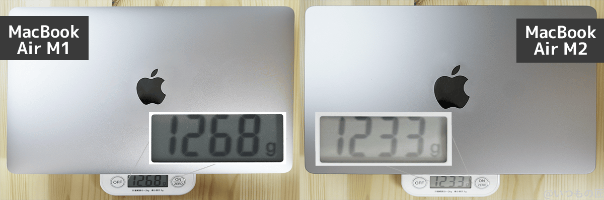 macbook-air-m2-and-m1-weight | ガジェットレビューの匠 M1モデルは1,268グラム、M2モデルは1,233グラム