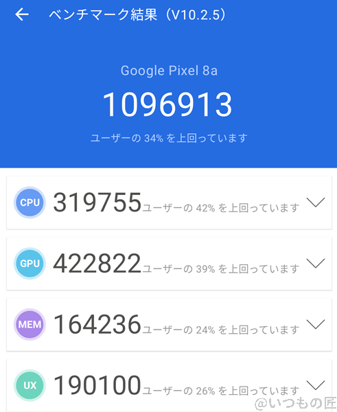 pixel8a-antutu1 | ガジェットレビューの匠 Pixel8a ベンチマーク Antutu AnTuTu Benchmark V10 計測結果