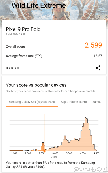 Google Pixel 9 Pro Fold AnTuTu ベンチマーク 3D MarkのWild Life  Extremeのスコア