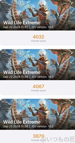 iphone16-3dmark-result | ガジェットレビューの匠 iPhone16 AnTuTu ベンチマーク 3D MarkのWild Life Extremeのスコア