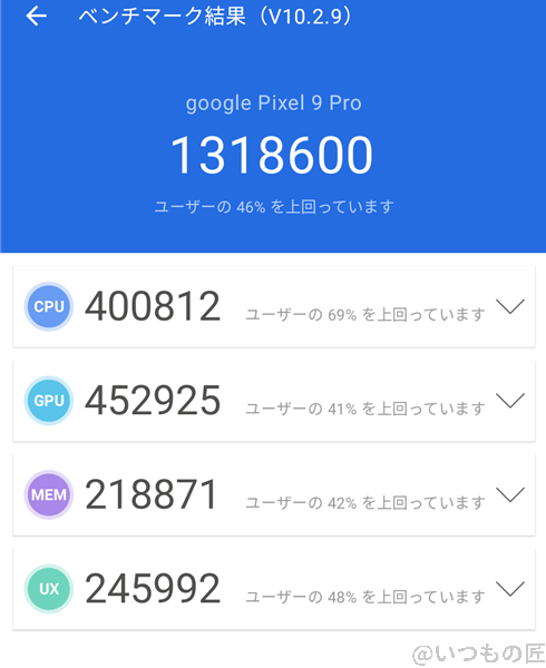 pixel9pro-antutu-cool | ガジェットレビューの匠 Google Pixel 9 Pro ベンチマーク Antutu AnTuTu Benchmark V10 計測結果(冷却時)