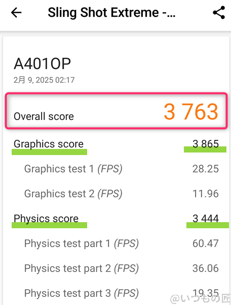 ３DMark使い方 OPPO Reno11AのSling Shot Extreme測定画像