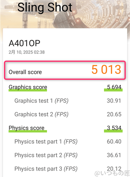 ３DMark使い方 OPPO Reno11AのSling Shot 測定画像