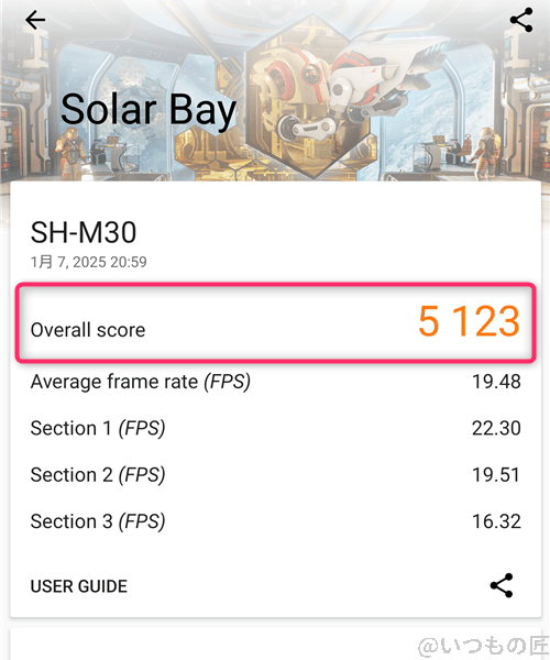 ３DMark使い方 AQUOS R9のSolar Bayの測定画面