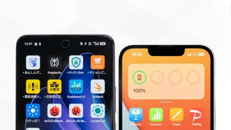 oppo reno13 aとiphone16eの比較 正面デザイン イメージ画像 | ガジェットレビューの匠 OPPO Reno13 AとiPhone16eの比較 正面デザイン