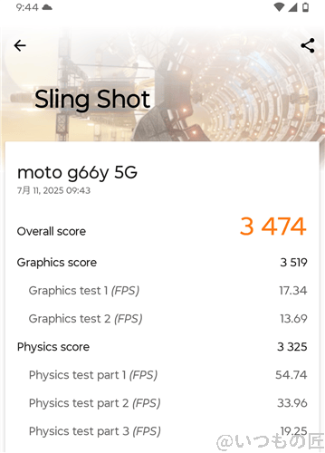 moto g66y 5g 3d markによるslingshotのベンチマークの最高スコア | ガジェットレビューの匠 moto g66y 5G 3D MarkによるSlingShotのベンチマークの最高スコア